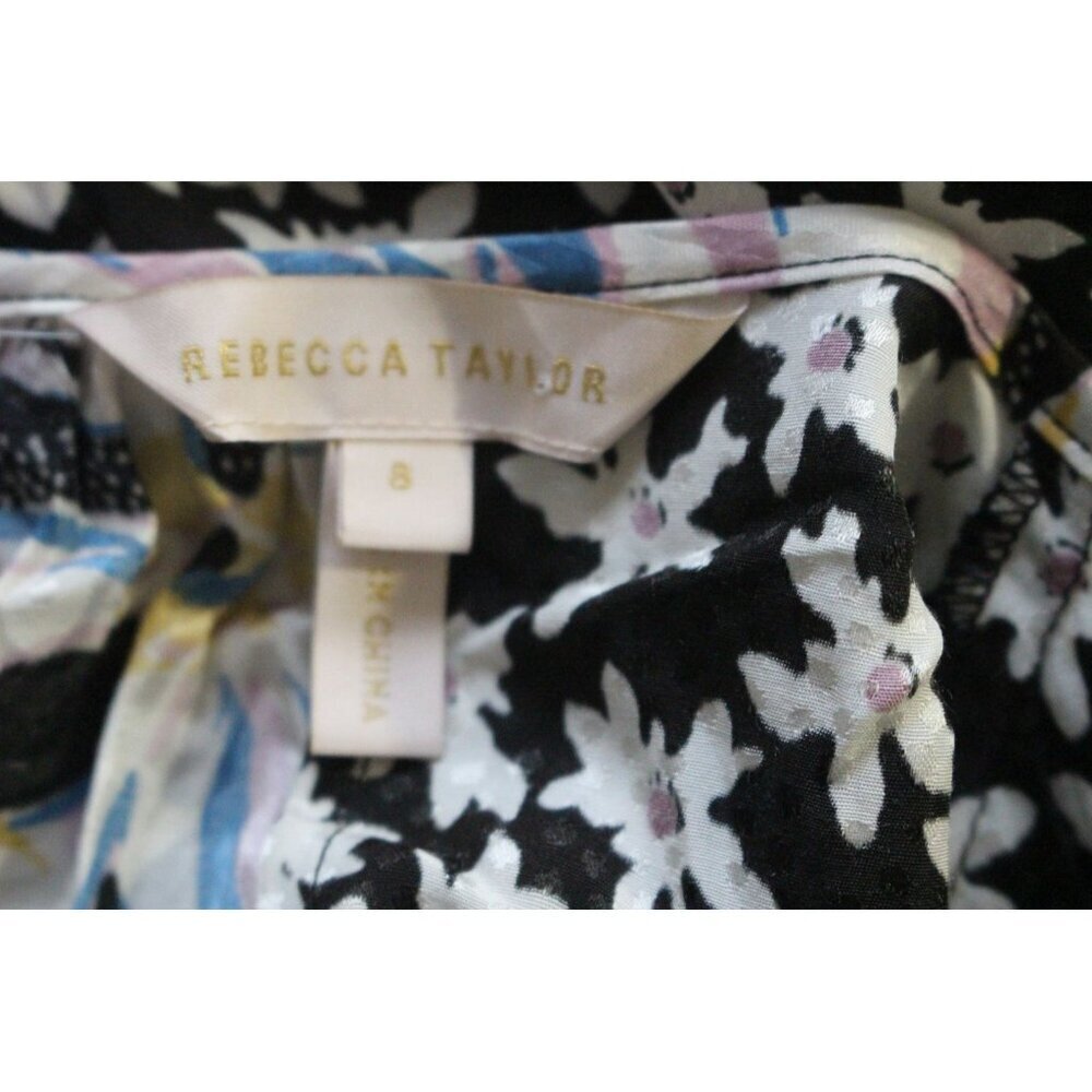 Rebecca Taylor Black Bow Fleur Mixed Print Silk Ruffle Sleeve Dress Size 8 - Picture 5 of 8